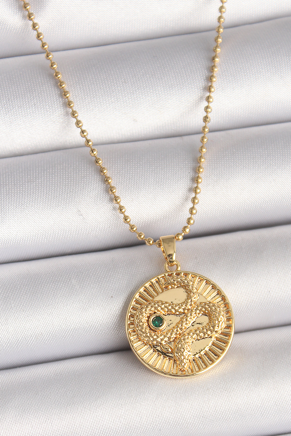 1739456208-bko9844 316L Çelik Gold Renk Topçuk Zincir Yılan İşlemeli Zirkon Taş Detaylı Madalyon Model Kadın Kolye - Vipsepet - Görsel 1