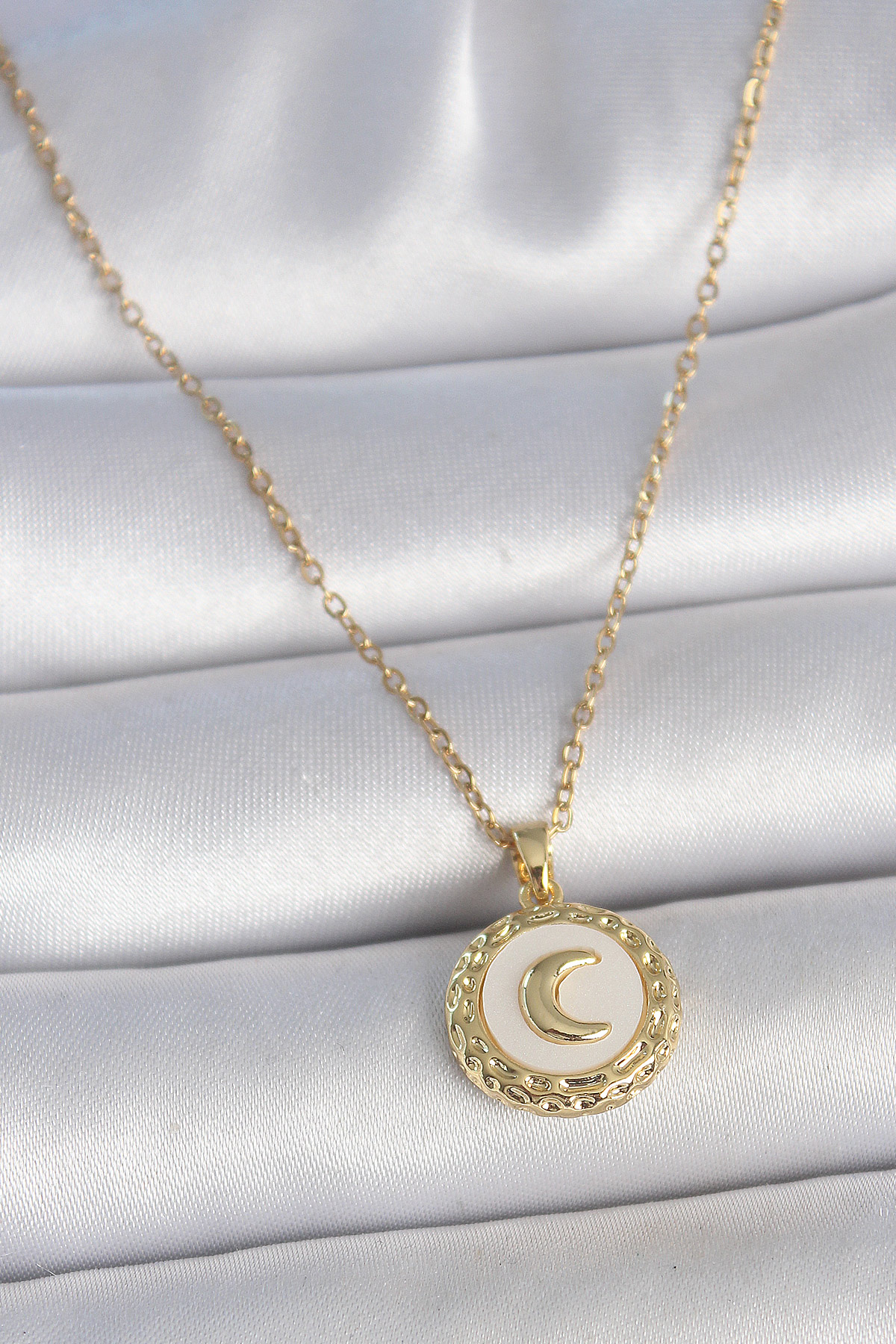 1745852158-bko10035 316L Çelik Gold Renk Zincir Beyaz Mineli Hilal İşlemeli Madalyon Model Kadın Kolye - Vipsepet - Görsel 1