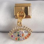 316L Çelik Gold Renk Sallantı Renkli Zirkon Taşlı Göz Model Nomination Charm - Vipsepet