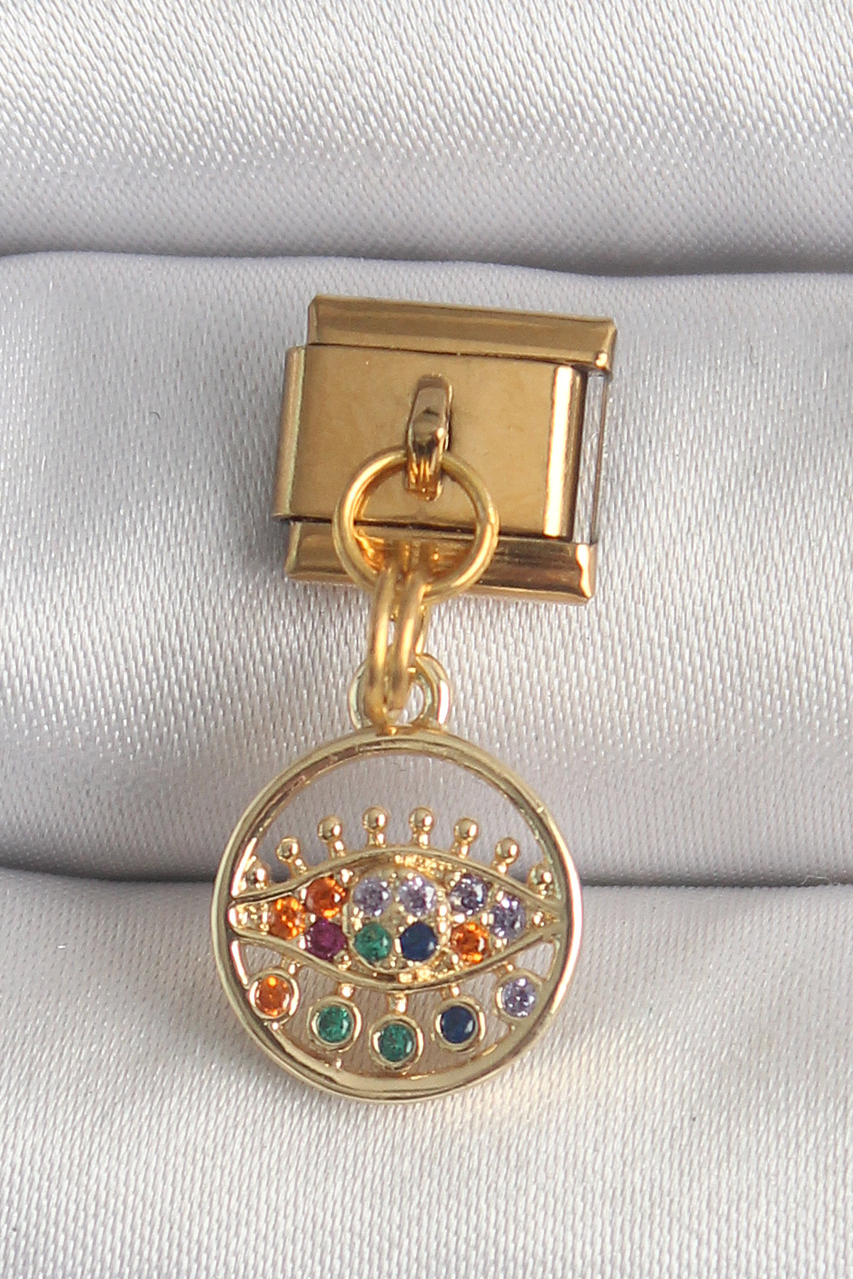 1747667027-bc1346 316L Çelik Gold Renk Sallantı Renkli Zirkon Taşlı Göz Model Nomination Charm - Vipsepet - Görsel 1