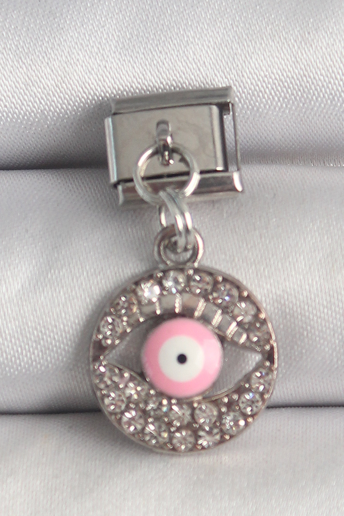1747668680-bc1373 316L Çelik Gümüş Renk Sallantı Zirkon Taşlı Pembe Göz Model Nomination Charm - Vipsepet - Görsel 1