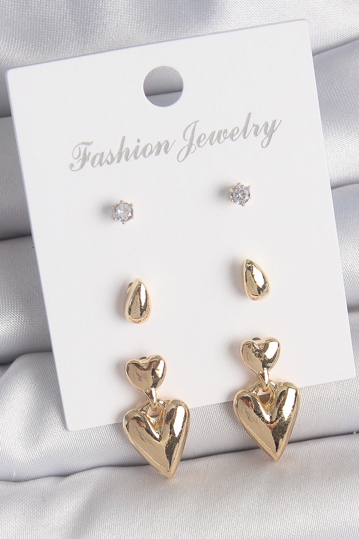 1747833796-bkp10610 Pirinç Gold Renk Zirkon Taşlı Sallantılı Kalp Model 3 Çift Kadın Küpe Seti - Vipsepet - Görsel 1