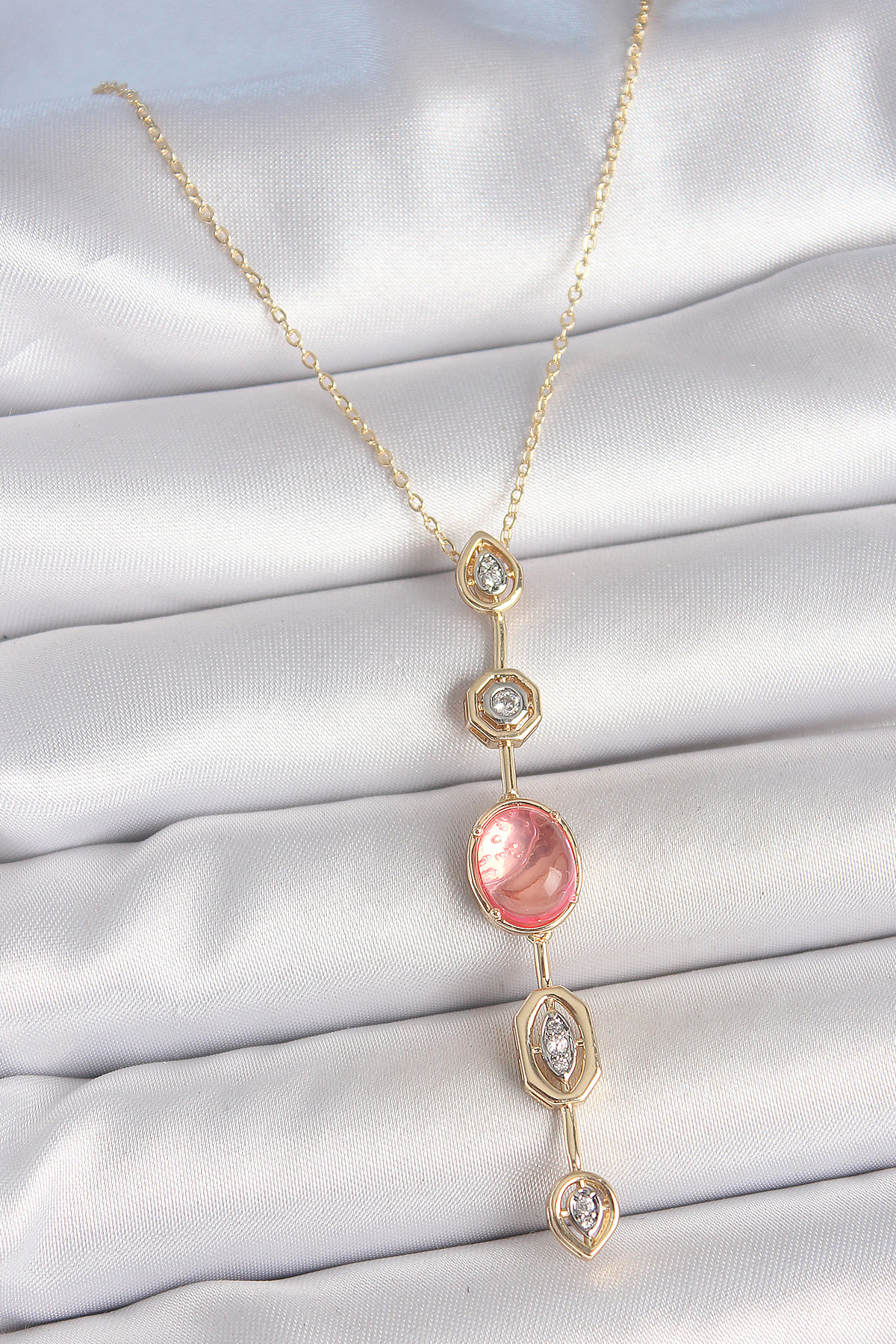 1748088439-bko10231 Pirinç Zincir Pembe Gold Renk Zirkon Taşlı Y Kolye - Vipsepet - Görsel 1