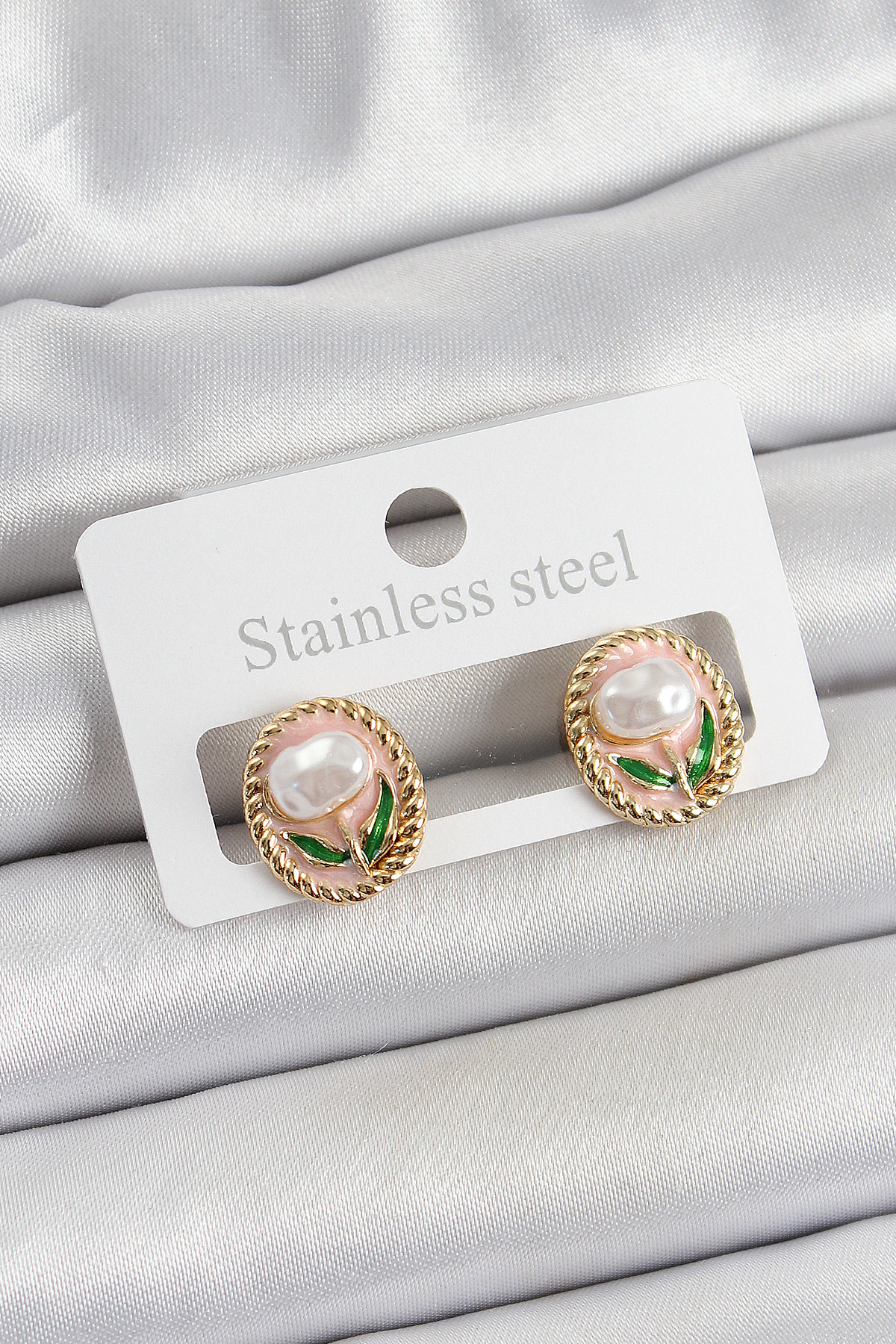 1749039892-bkp10672 Pirinç Pembe Mineli Lale Figürlü Sanatsal Portre Model Gold Renk Kadın Küpe - Vipsepet - Görsel 1