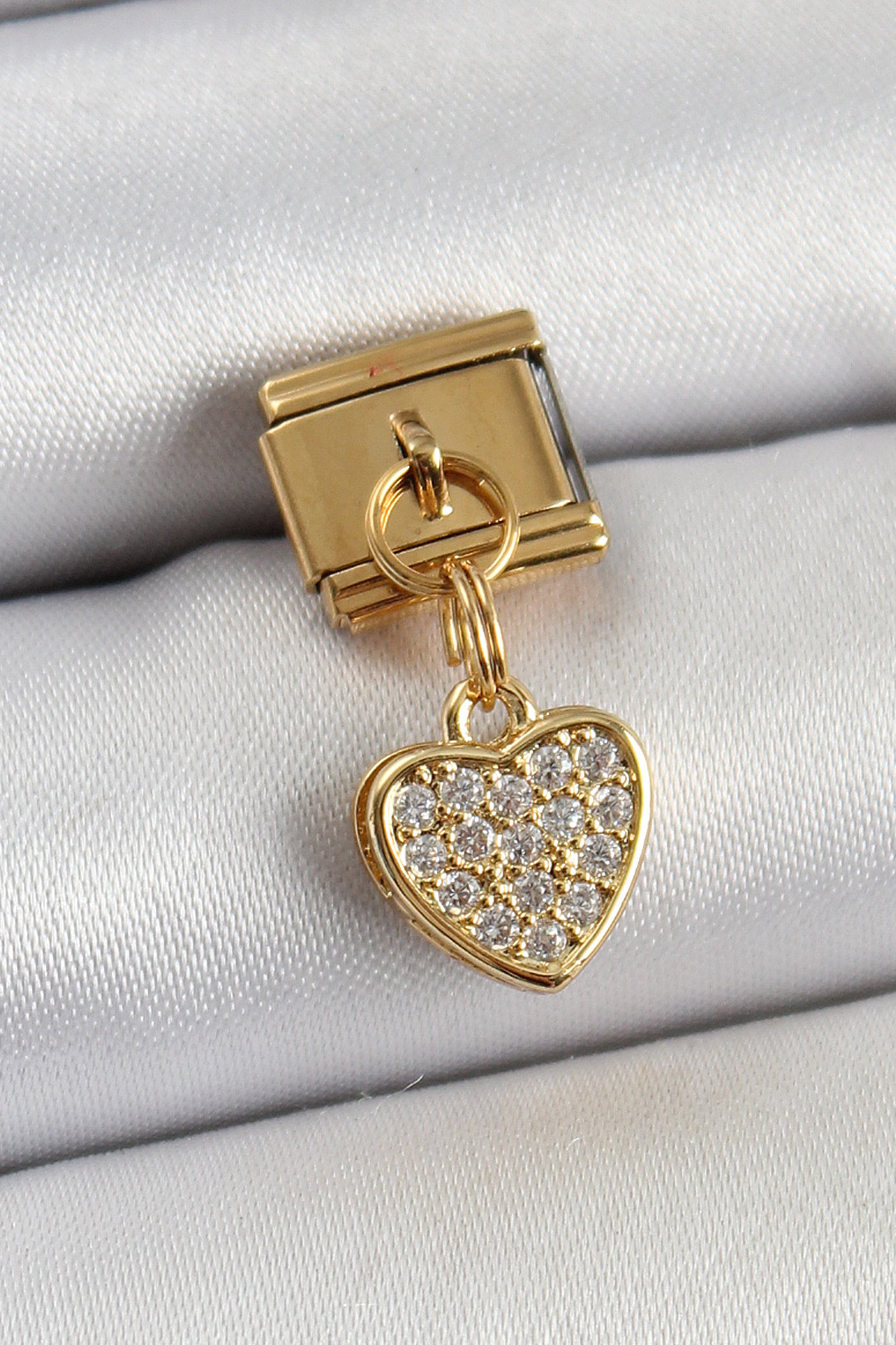 1749104989-bc1401 316L Çelik Sallantılı Zirkon Taşlı Kalp Model Gold Renk Nomination Charm - Vipsepet - Görsel 1