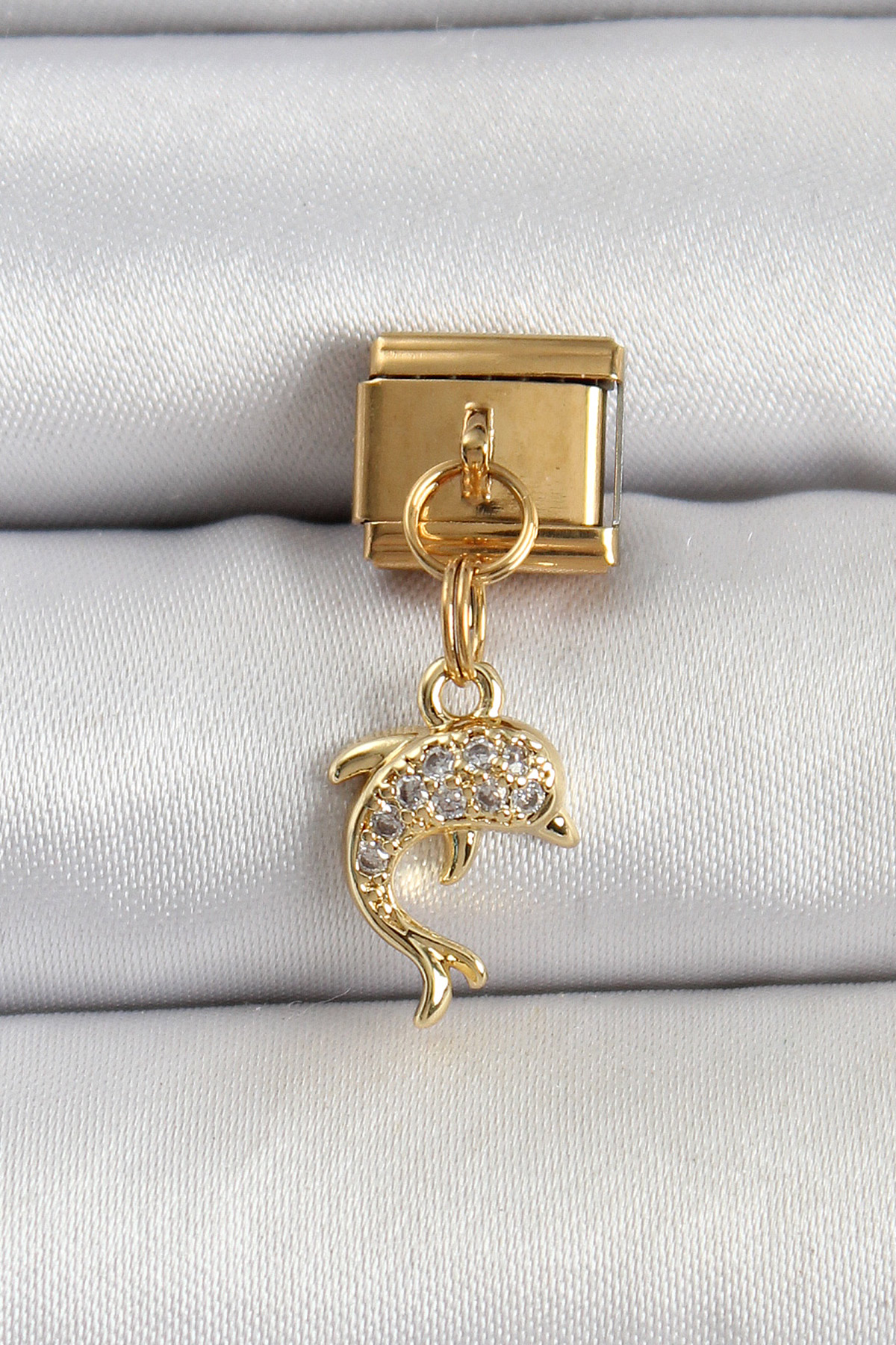 1749105677-bc1407 316L Çelik Sallantılı Zirkon Taşlı Yunus Balığı Model Gold Renk Nomination Charm - Vipsepet - Görsel 1