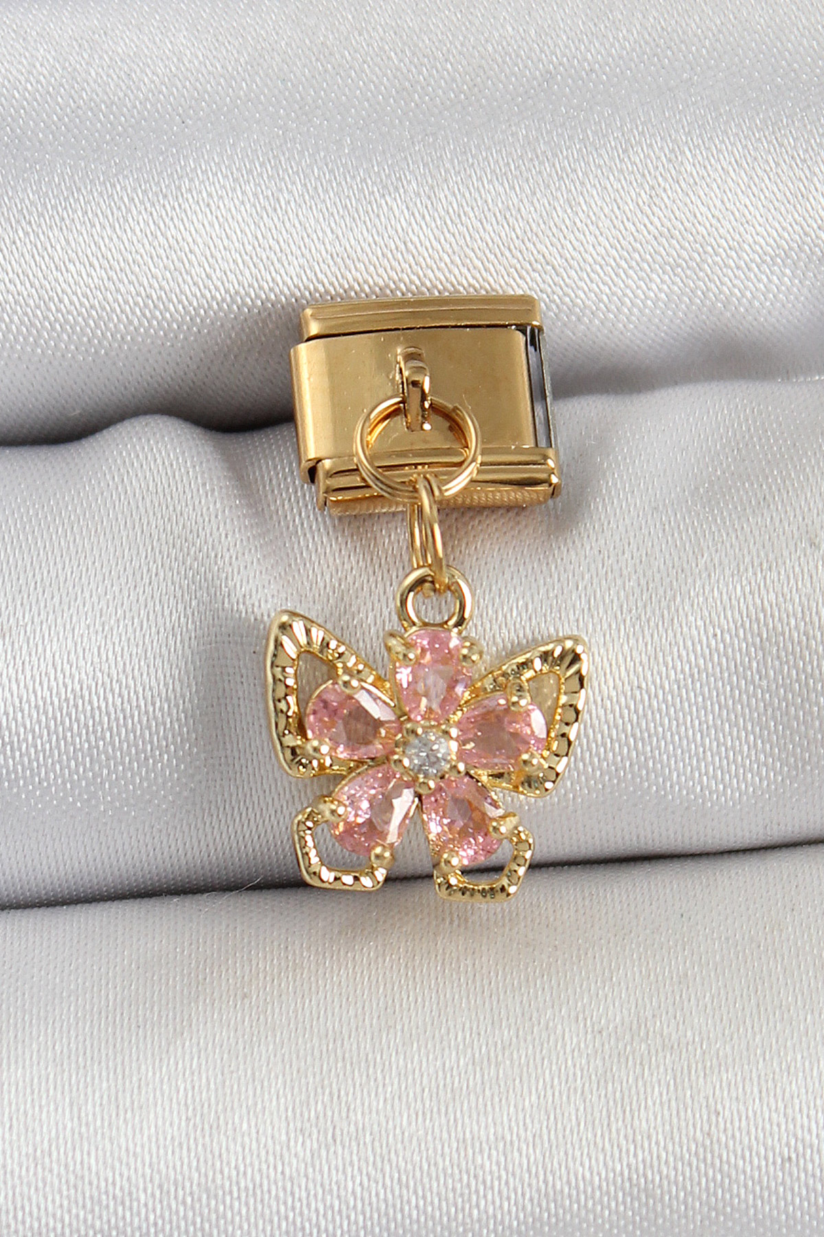 1749106548-bc1419 316L Çelik Sallantılı Zirkon Taşlı Çiçek Figürlü Kelebek Model Gold Renk Nomination Charm - Vipsepet - Görsel 1