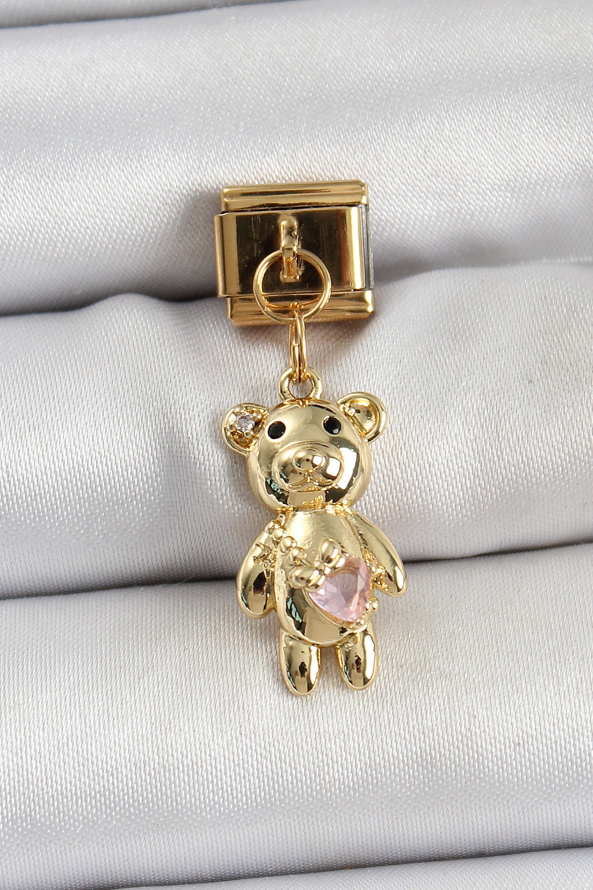 1749106734-bc1421 316L Çelik Sallantılı Zirkon Taşlı Ayıcık Model Gold Renk Nomination Charm - Vipsepet - Görsel 1