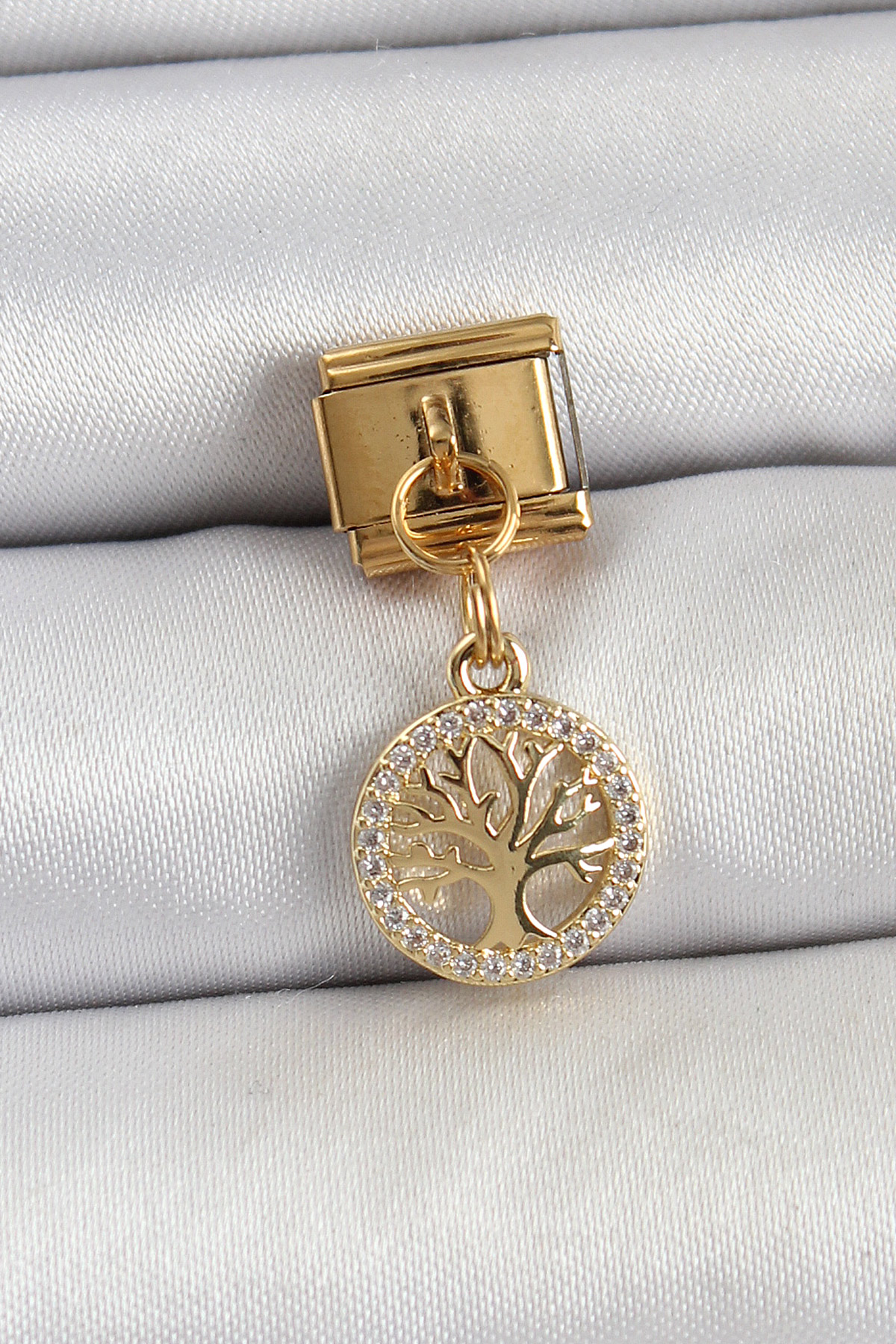 1749106804-bc1422 316L Çelik Sallantılı Zirkon Taşlı Hayat Ağacı Model Gold Renk Nomination Charm - Vipsepet - Görsel 1