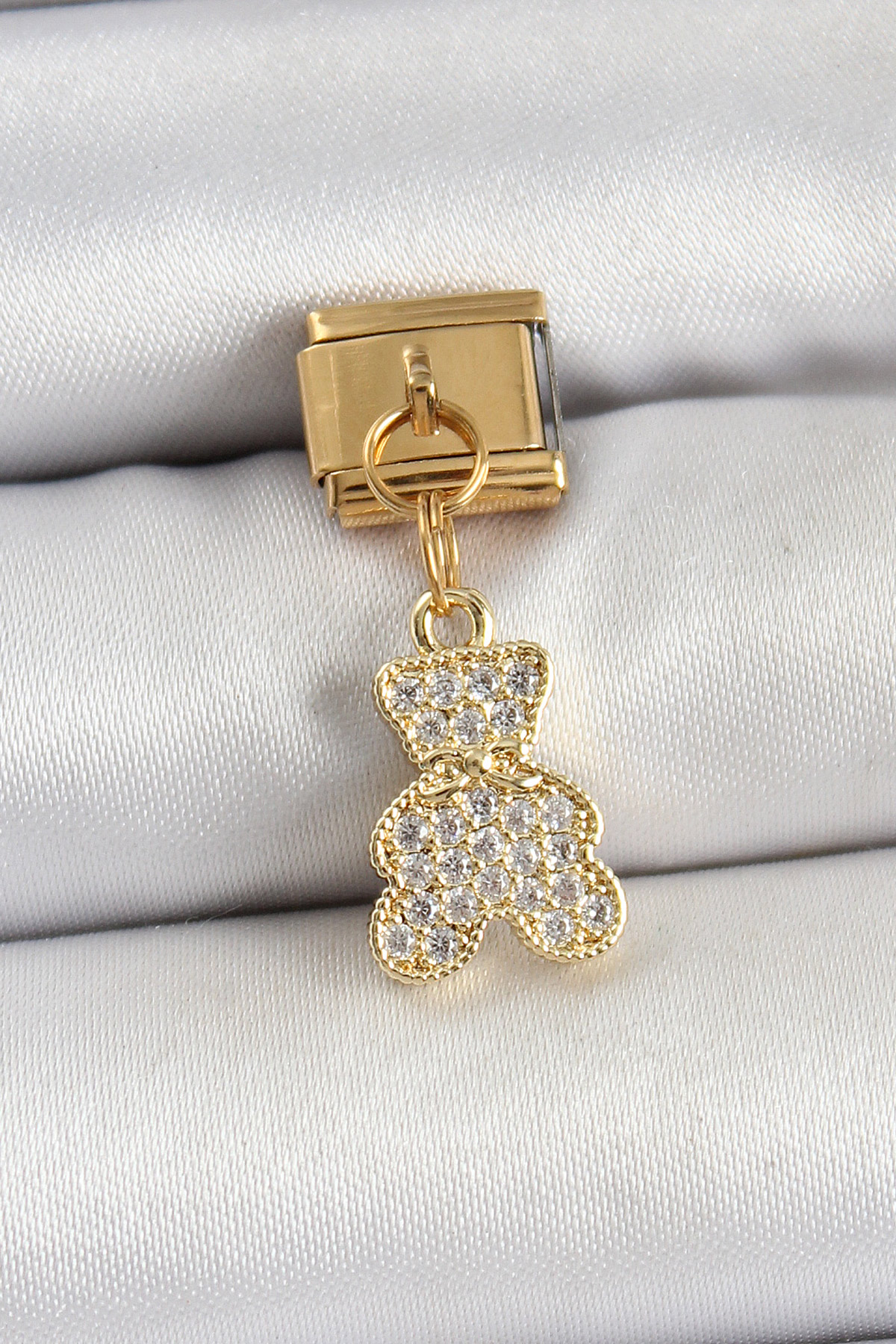 1749107716-bc1432 316L Çelik Sallantılı Zirkon Taşlı Ayıcık Model Gold Renk Nomination Charm - Vipsepet - Görsel 1