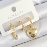 Pirinç Zirkon Taşlı Kalp Model Gold Renk 3'lü Çift Kadın Küpe Set - Vipsepet