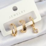 Pirinç Zirkon Taşlı Halka Model Gold Renk 3'lü Çift Kadın Küpe Set - Vipsepet