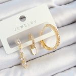 Pirinç Zirkon Taşlı Sallantılı Model Gold Renk 3'lü Çift Kadın Küpe Set - Vipsepet