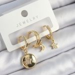 Pirinç Zirkon Taşlı Yıldız Ve Ay Model Gold Renk 3'lü Çift Kadın Küpe Set - Vipsepet