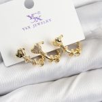 Pirinç Zİrkon Taşlı Kalp Model Gold Renk 3'lü Kadın Küpe - Vipsepet