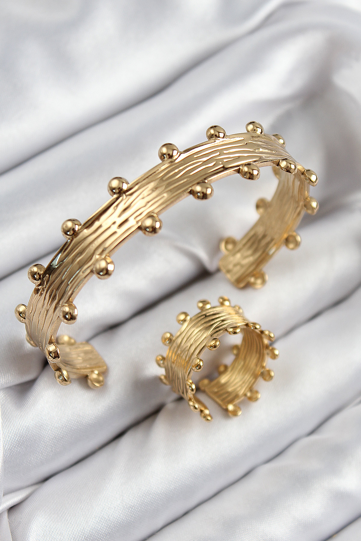 1753281635-bb7602 Pirinç Topcuk Model Gold Renk Bileklik Yüzük Set - Vipsepet - Görsel 1