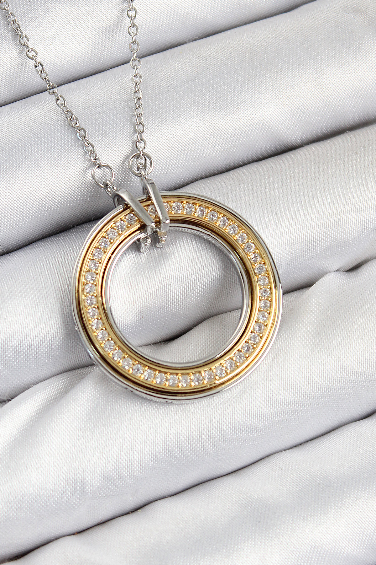 1755173786-bko10479 316L Çelik Zirkon Taşlı Dönen Daire Model Gold Ve Gümüş Renk Kadın Kolye - Vipsepet - Görsel 1