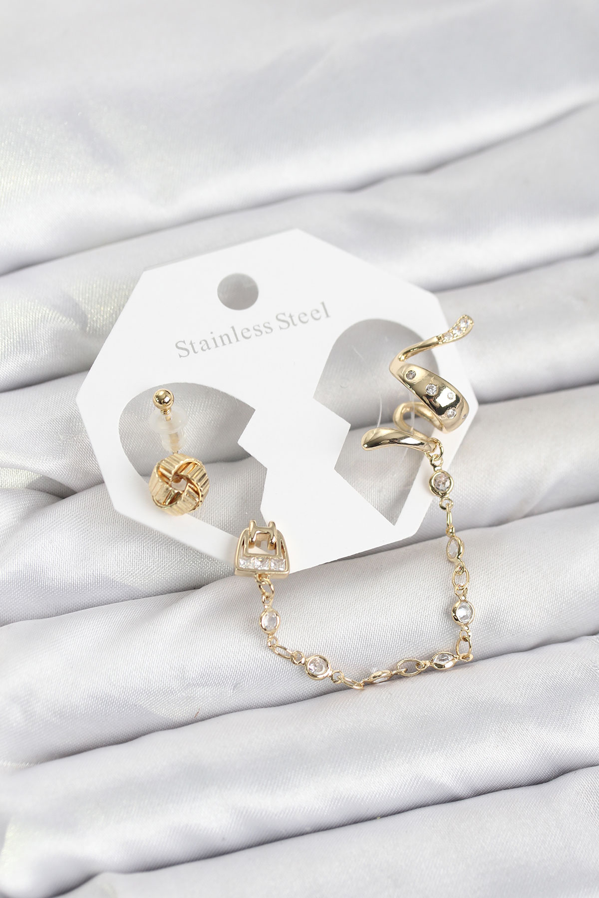 1766831985-bkp11532 Pirinç Gold Renk Yılan Model Zincir Bağlantılı Ear Cuff Küpe Seti - Vipsepet - Görsel 1