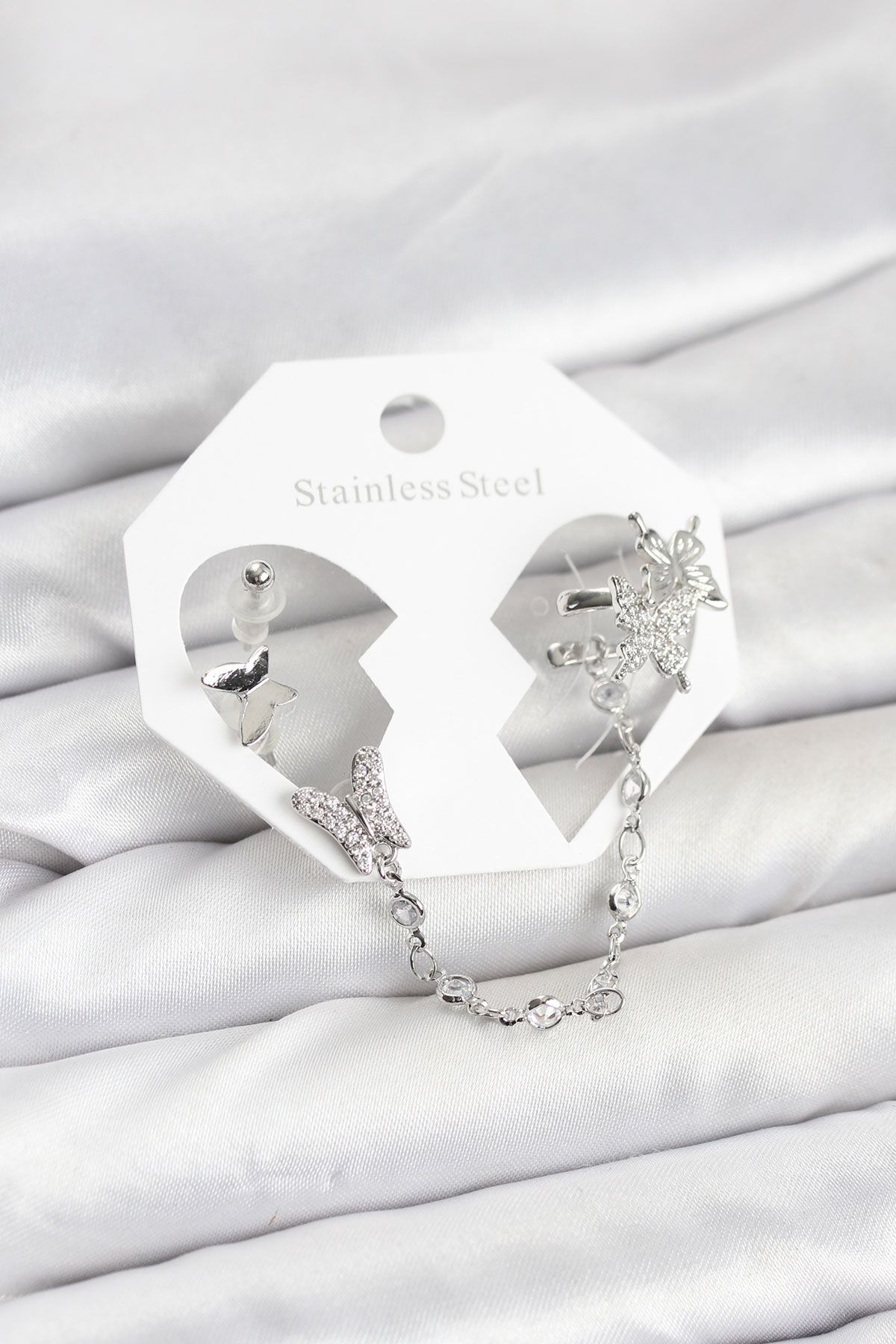 1766832011-bkp11535 Pirinç Gümüş Renk Kelebek Model Zincir Bağlantılı Ear Cuff Küpe Seti - Vipsepet - Görsel 1