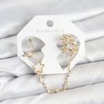 Pirinç Gold Renk Yıldız Model Zincir Bağlantılı Ear Cuff Küpe Seti - Vipsepet