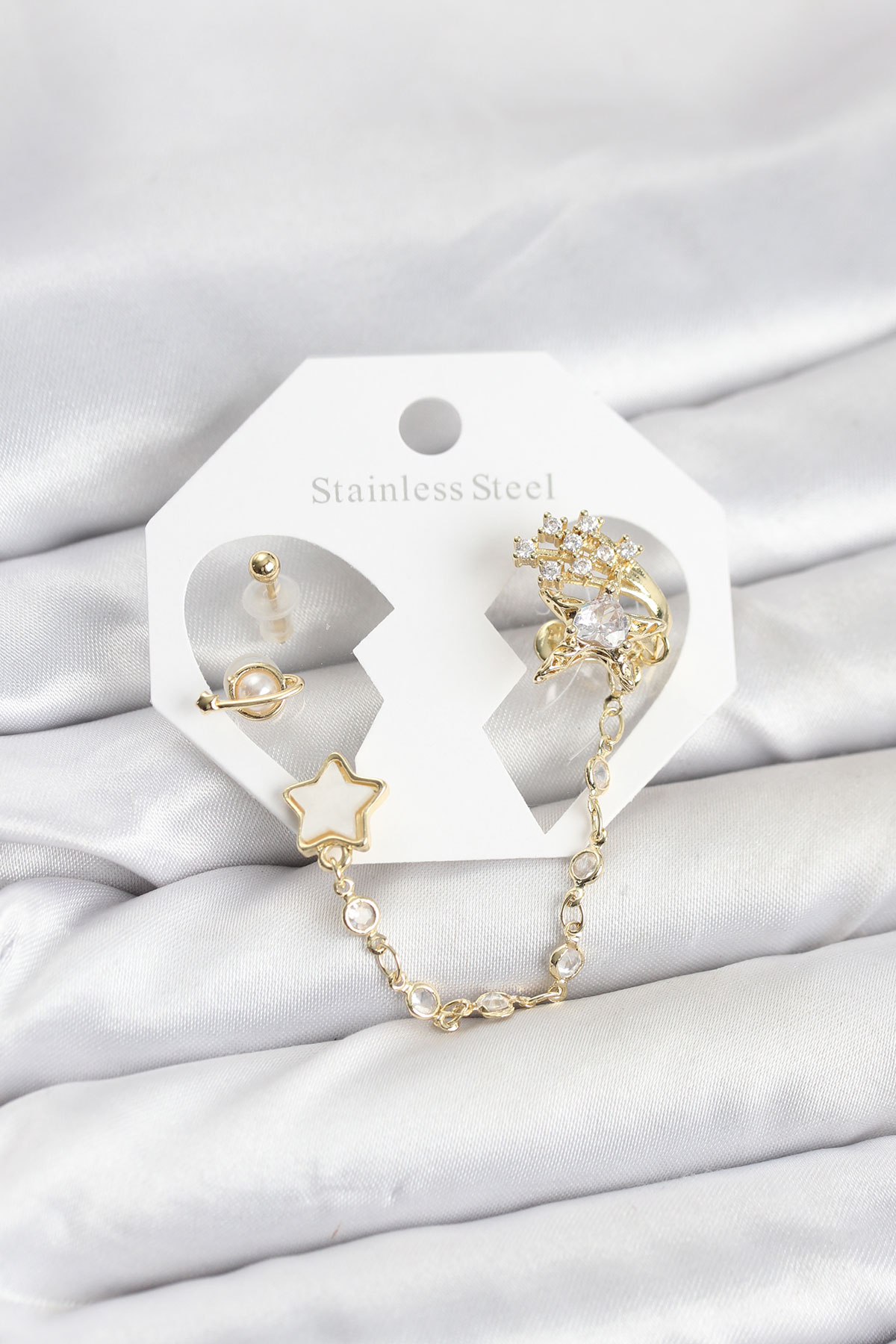 1766832055-bkp11538 Pirinç Gold Renk Yıldız Model Zincir Bağlantılı Ear Cuff Küpe Seti - Vipsepet - Görsel 1