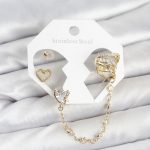 Pirinç Gold Renk Kalp Model Zincir Bağlantılı Ear Cuff Küpe Seti - Vipsepet