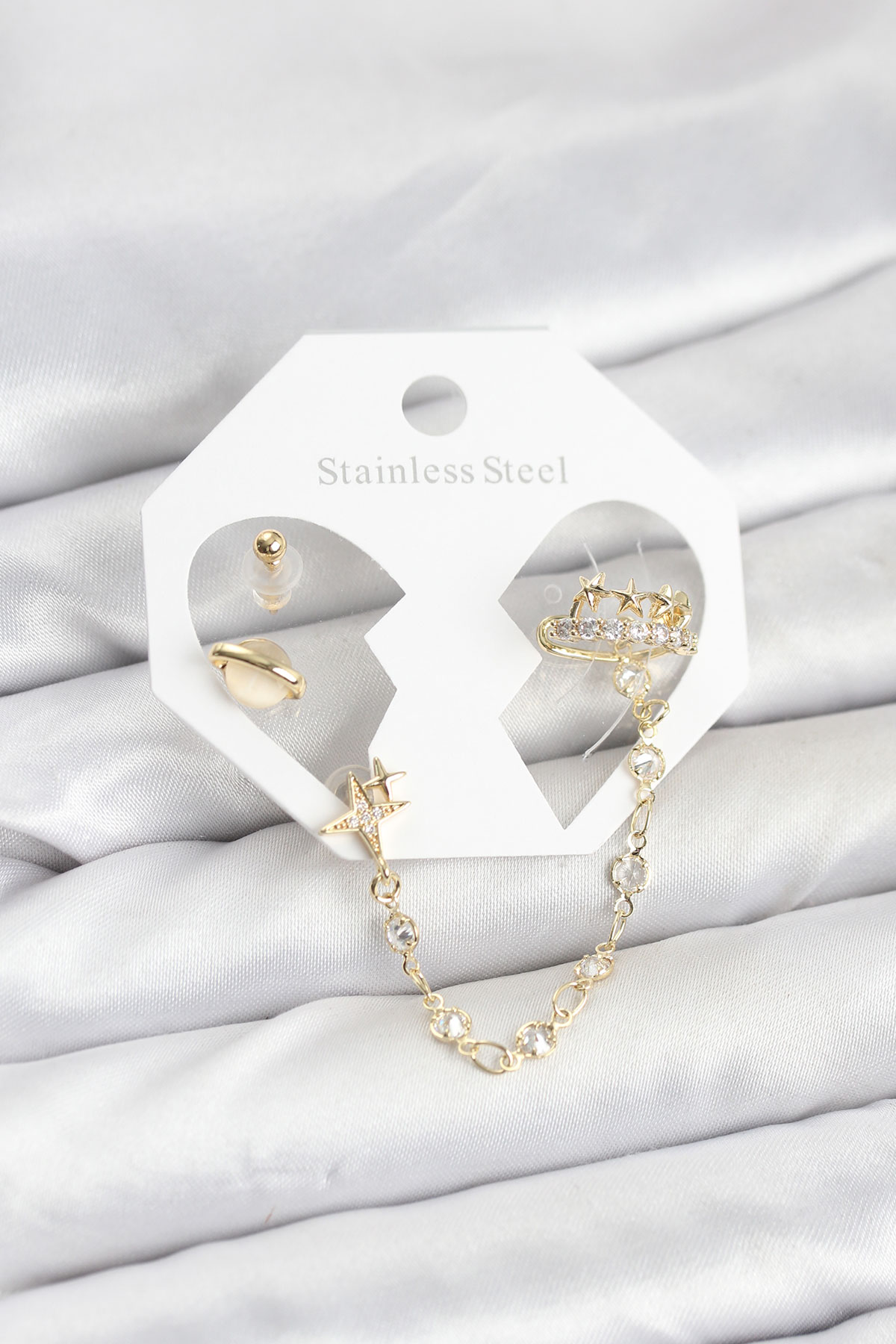 1766832087-bkp11542 Pirinç Gold Renk Uzay Model Zincir Bağlantılı Ear Cuff Küpe Seti - Vipsepet - Görsel 1