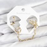 Pirinç Gold Renk Kelebekli Model Zincir Bağlantılı Ear Cuff Küpe Seti - Vipsepet