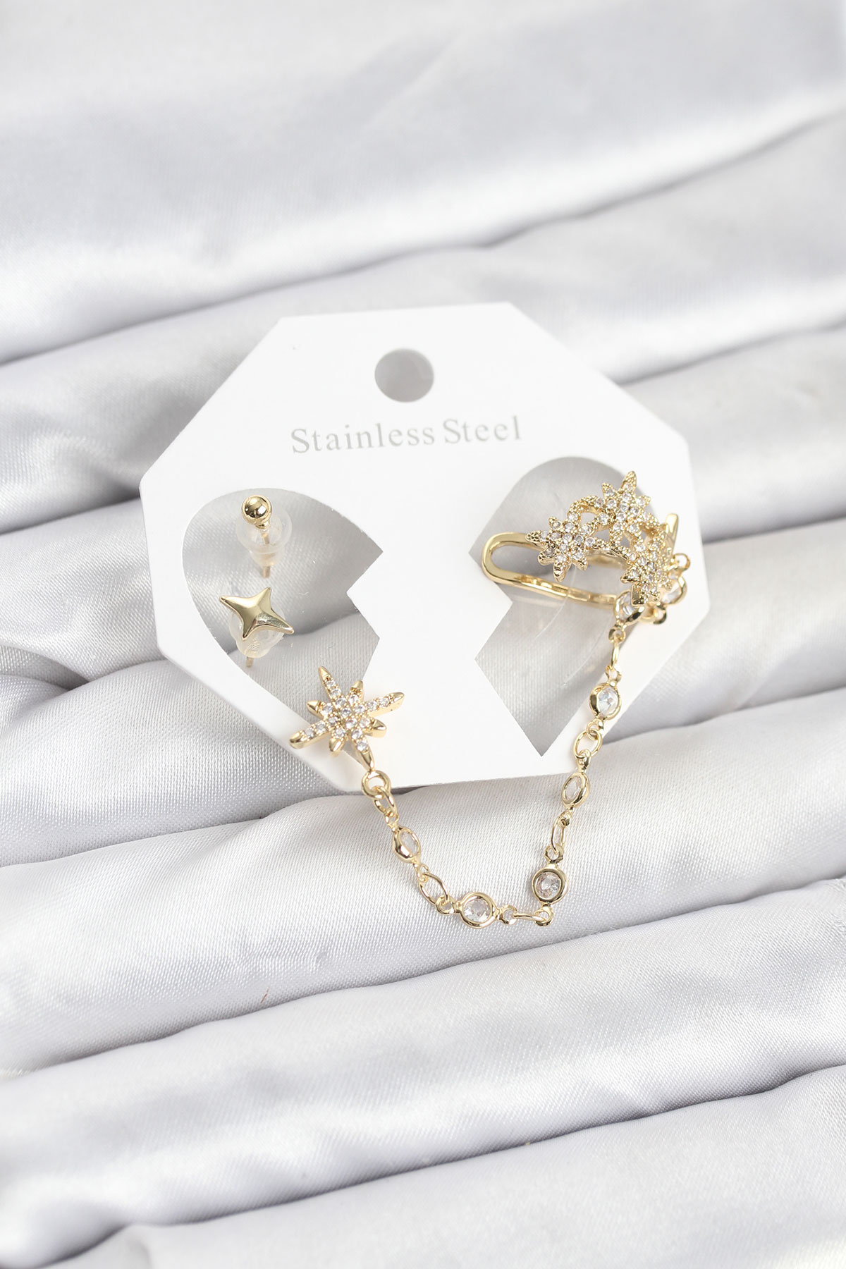 1766832153-bkp11550 Kutup Yıldızı Model Pirinç Gold Renk Zincir Bağlantılı Ear Cuff Küpe Seti - Vipsepet - Görsel 1