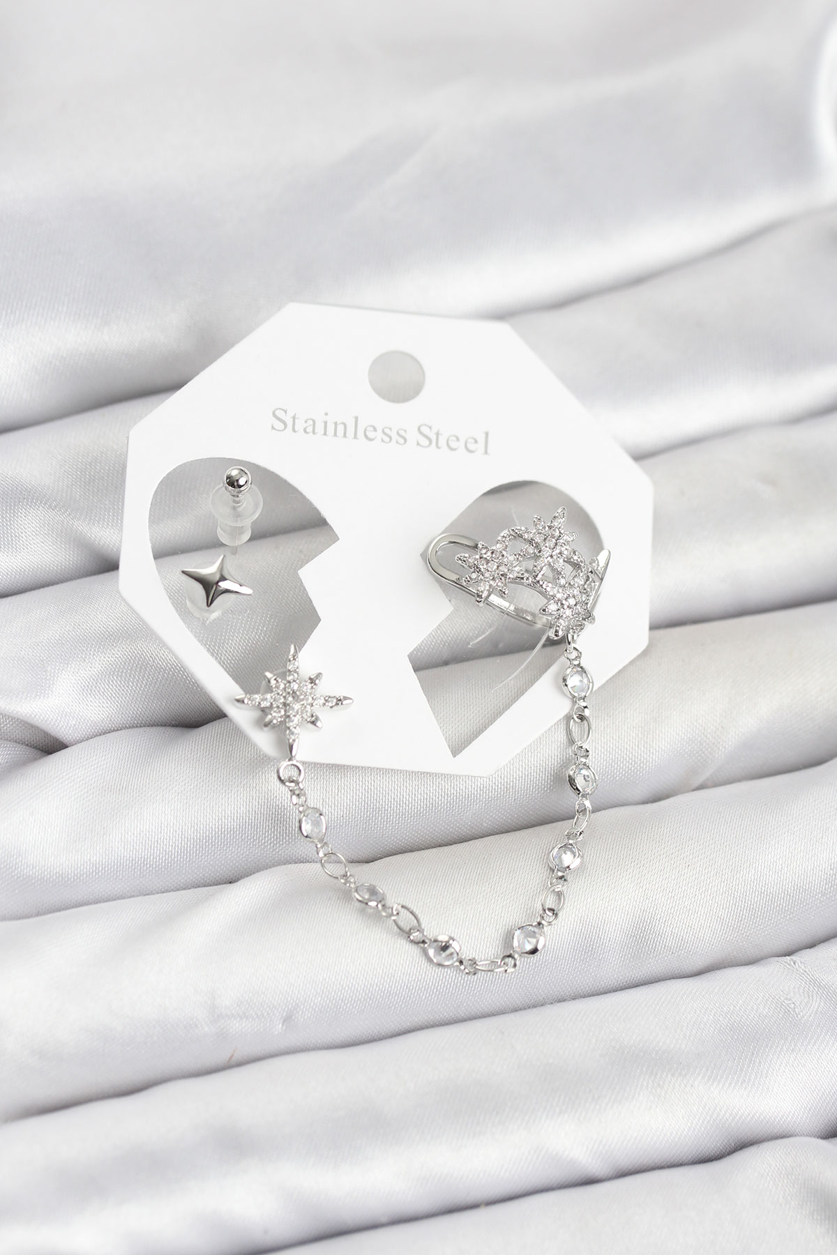 1766832162-bkp11551 Kutup Yıldızı Model Pirinç Gümüş Renk Zincir Bağlantılı Ear Cuff Küpe Seti - Vipsepet - Görsel 1
