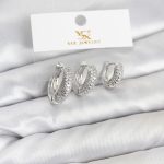 Pirinç Gümüş Renk Zirkon Taşlı Halka Model YSX Trio Küpe Seti - Vipsepet