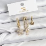 Pirinç Gold Renk Zirkon Taşlı Yıldız Vintage Model YSX Trio Küpe Seti - Vipsepet