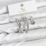 Pirinç Gümüş Renk Zirkon Taşlı Yıldız Vintage Model YSX Trio Küpe Seti - Vipsepet