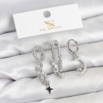 Pirinç Gümüş Renk Zirkon Taşlı Uzay Model YSX Trio Küpe Seti - Vipsepet