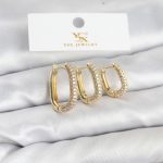 Pirinç Gold Renk Zirkon Taşlı Halka Model YSX Trio Küpe Seti - Vipsepet