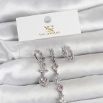 Pirinç Gümüş Renk Pembe Zirkon Taşlı 3'lü Kadın Küpe - Vipsepet