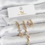 Pirinç Gold Renk Pembe Zirkon Taşlı 3'lü Kadın Küpe - Vipsepet