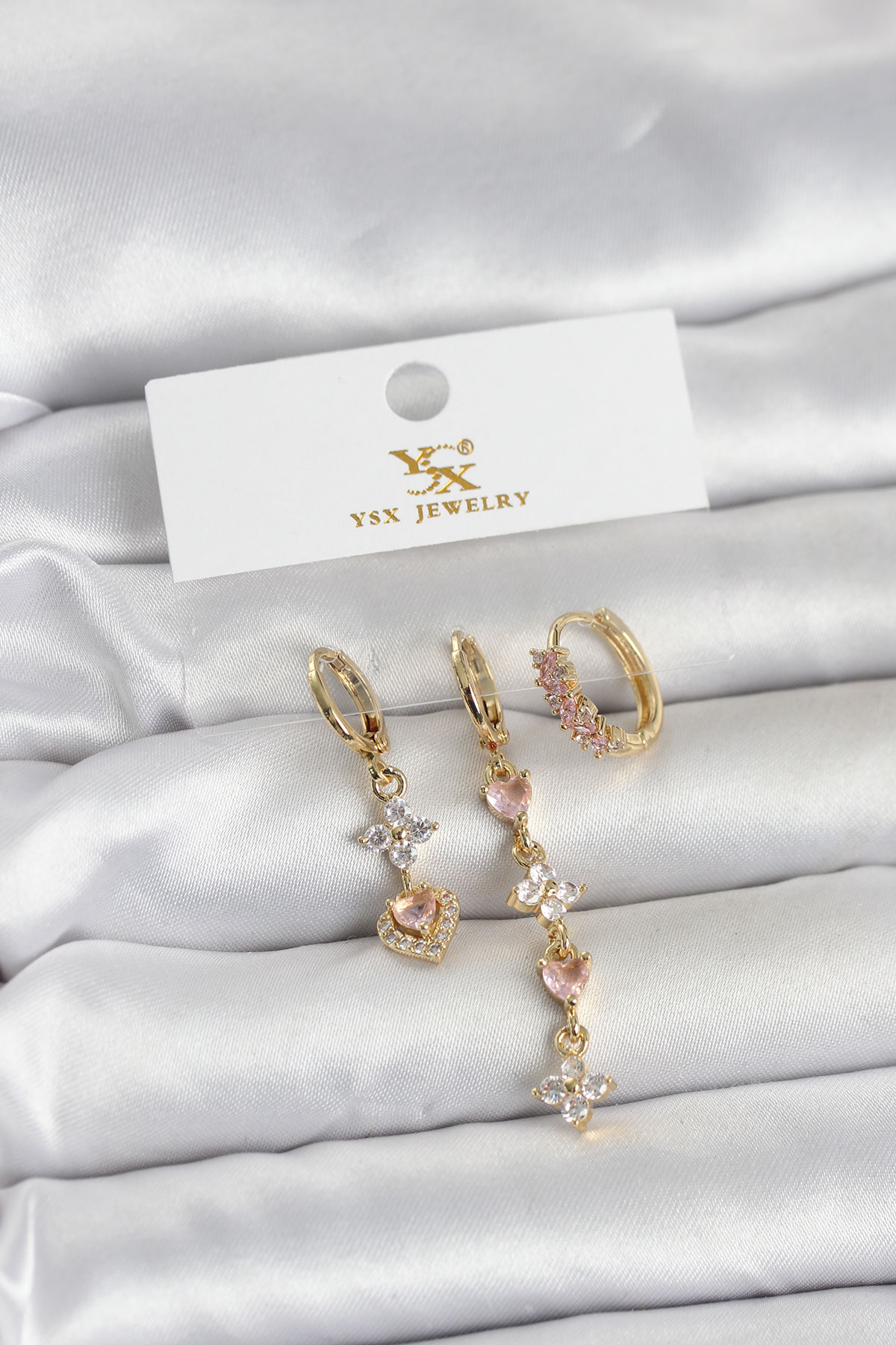1775056340-bkp11707 Pirinç Gold Renk Pembe Zirkon Taşlı 3'lü Kadın Küpe - Vipsepet - Görsel 1