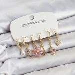 316L Çelik Gold Renk Pembe Zirkon Taşlı Lotus Detaylı Kadın Küpe Seti - Vipsepet