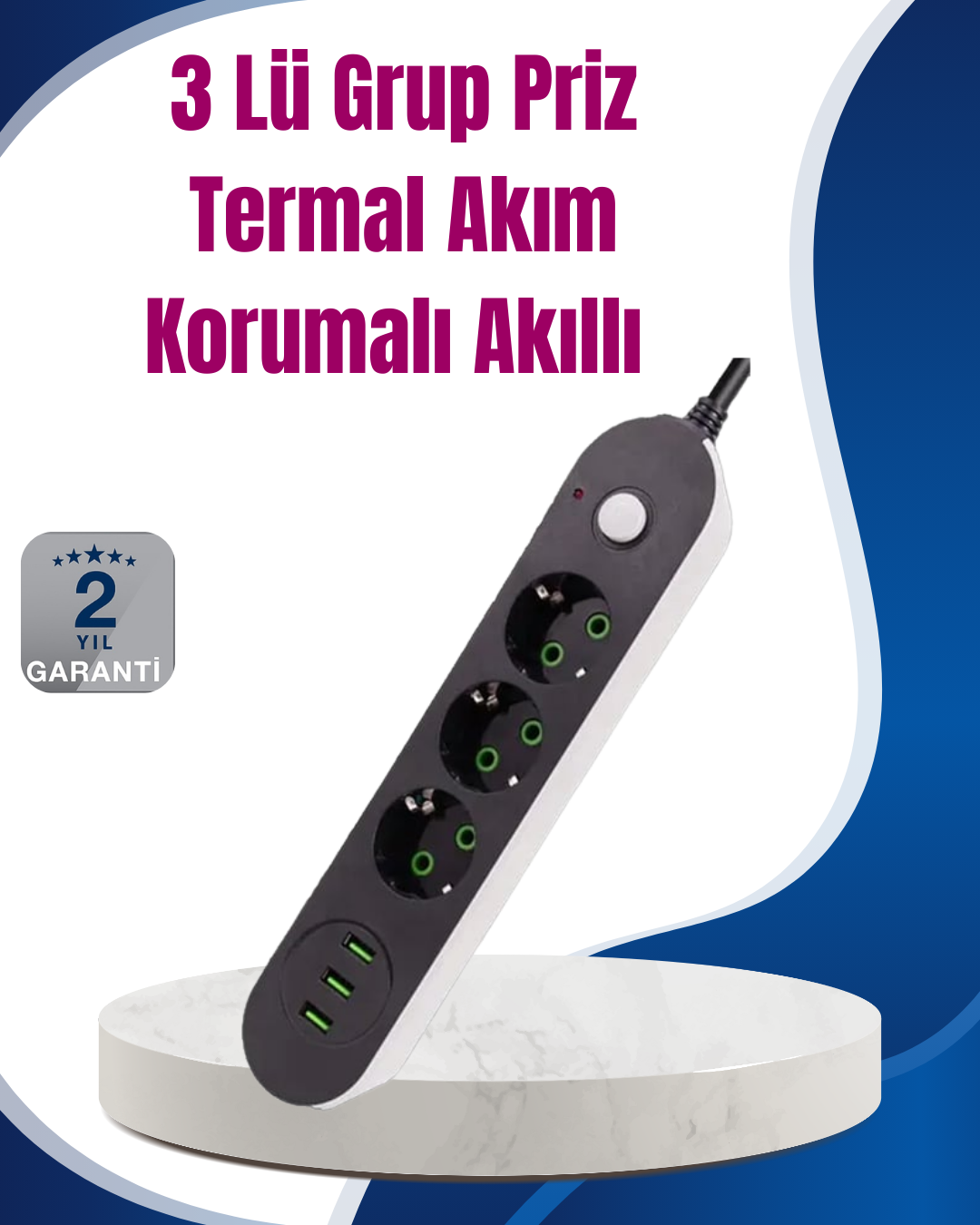 2-103 3 USB Çıkışlı Hızlı Şarjlı Anahtarlı Üçlü Priz - Vipsepet - Görsel 1