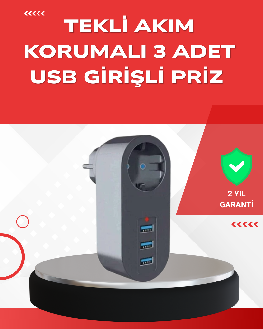 2-12 2500W Güç Destekli Akım Korumalı Priz – 3 USB Çıkışlı - Vipsepet - Görsel 1