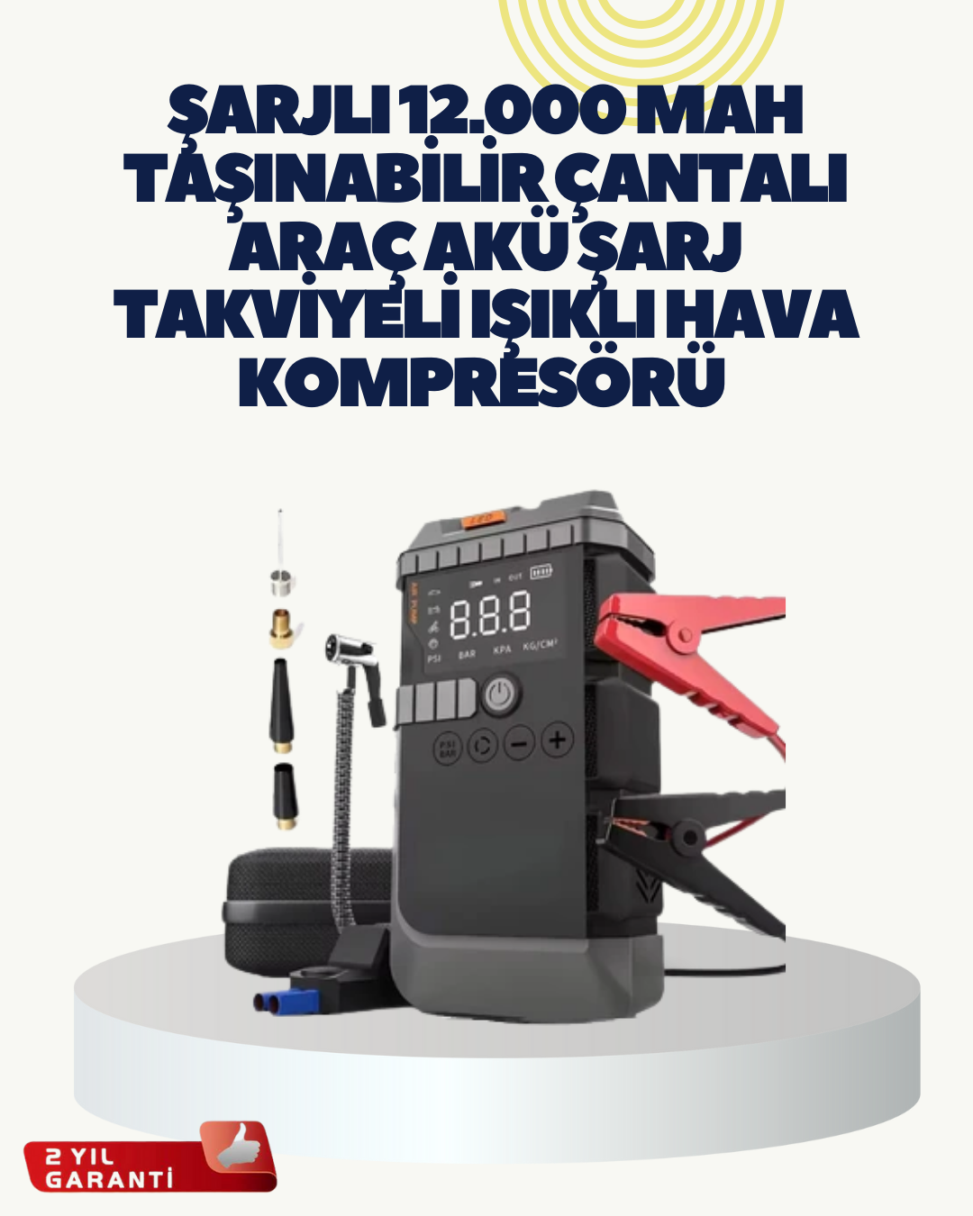 2-34 Taşınabilir Akü Takviye Cihazı Işıklı Hava Kompresörü Powerbank - Vipsepet - Görsel 1