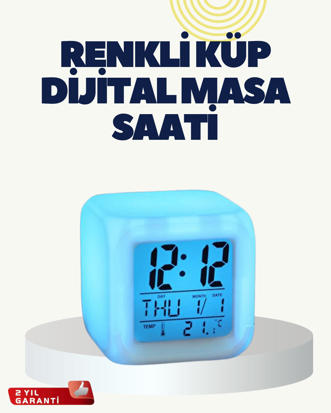2-4 Termometre ve Takvim Özellikli 7 Renk Değiştiren Küp Alarm Saati - Vipsepet - Görsel 1