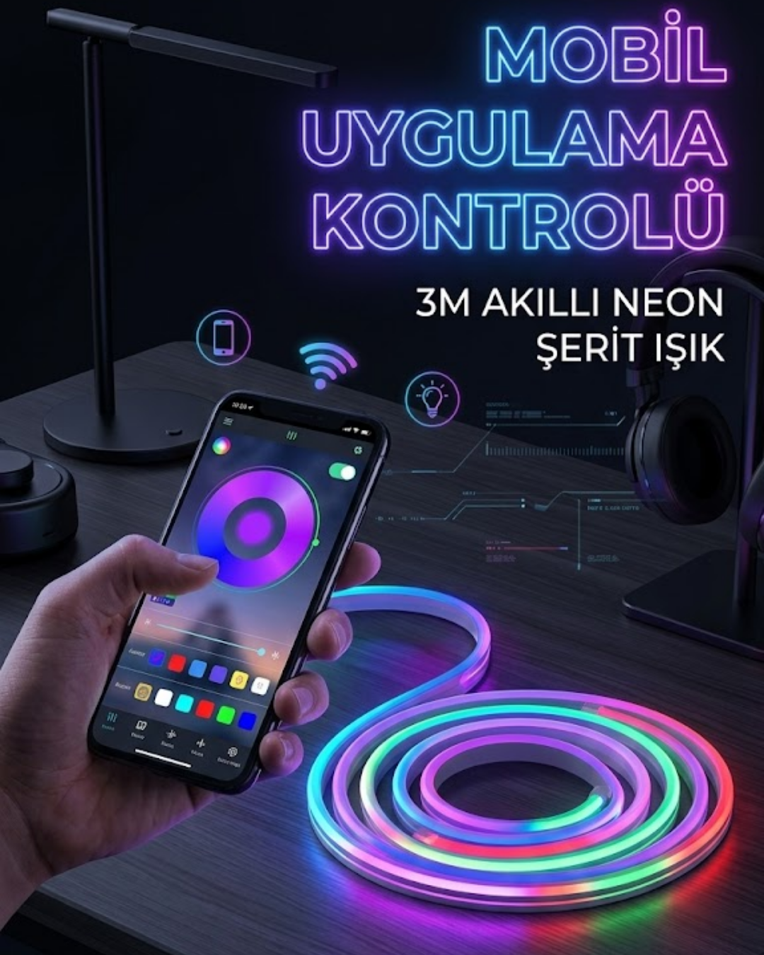 2-45 3 Metre RGB Neon LED Şerit Işık Su Geçirmez Kumandalı ve Uygulama Kontrollü Dekoratif Aydınlatma - Vipsepet - Görsel 1