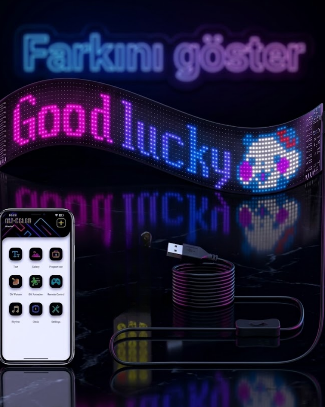 2-57 16x96 RGB LED Matrix Panel 60 cm Esnek Yapı Uygulama Kontrollü Kayan Yazı Ekranı - Vipsepet - Görsel 1