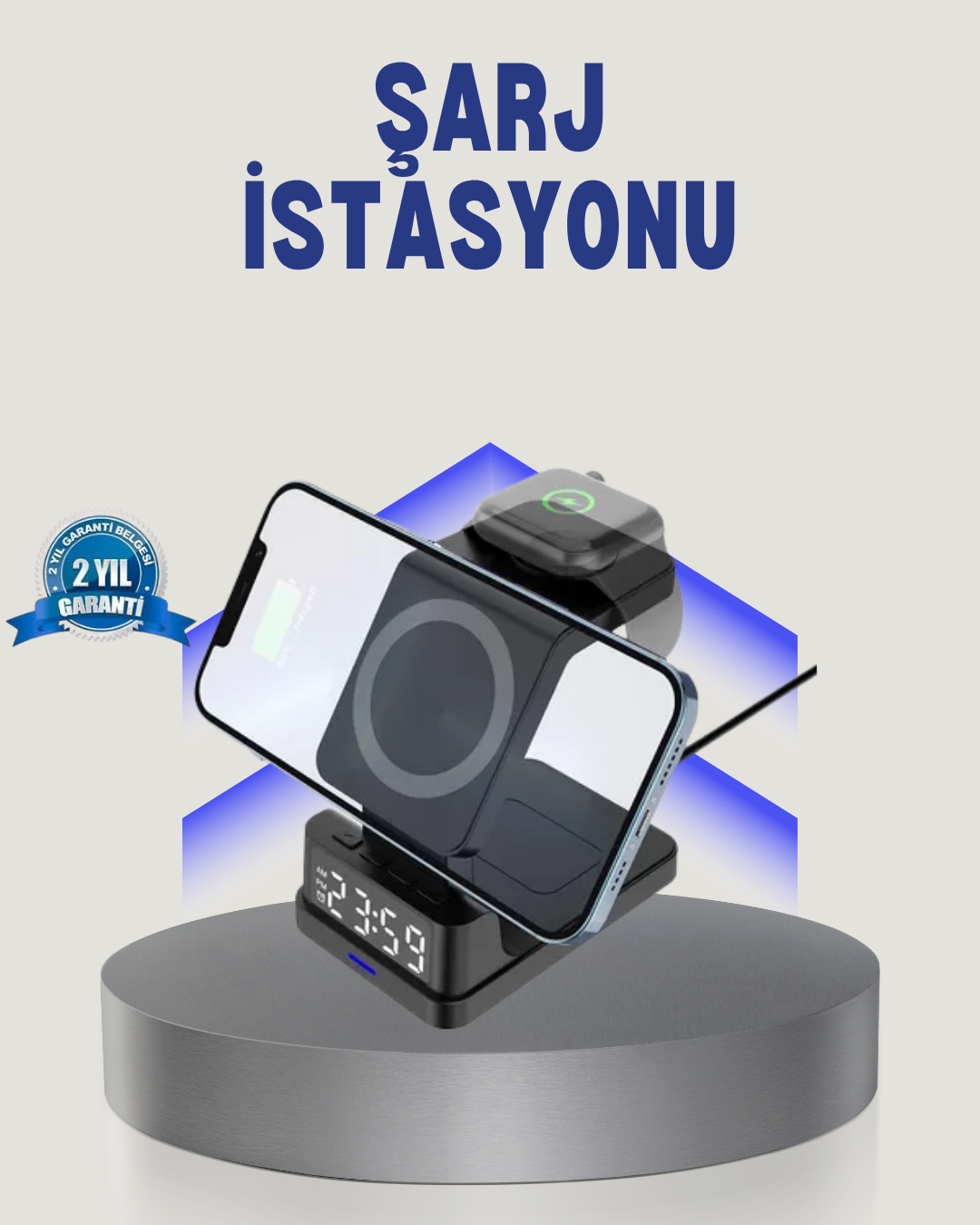 2-70 Kablosuz Şarj Cihazı ve Dijital Saat – 4’ü 1 Arada Hızlı Şarj, Apple Uyumlu, LED Işıklı Tasarım - Vipsepet - Görsel 1