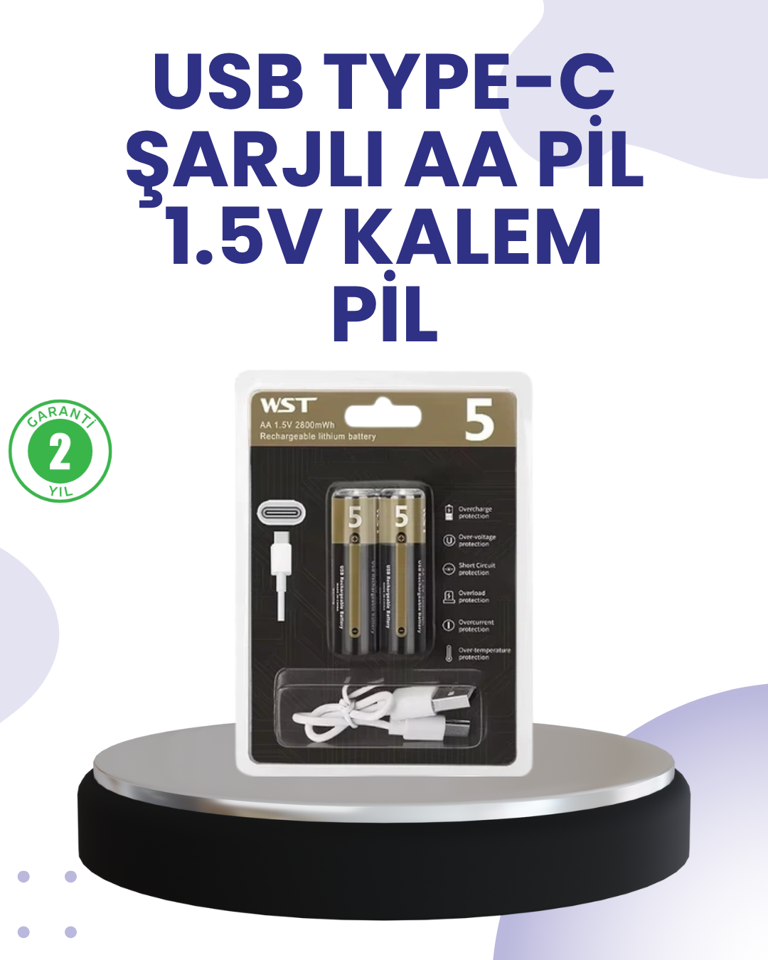 3-1 Type-C USB ile Hızlı Şarj Edilebilir AA Kalem Pil | 1.5V Lityum | Çiftli Paket - Vipsepet - Görsel 1