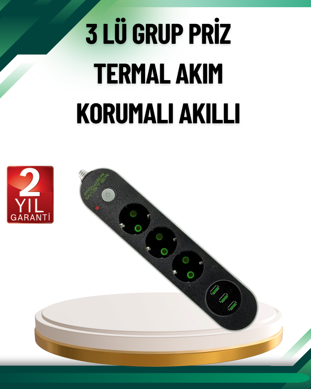 3-102 Akım Korumalı Anahtarlı USB Girişli Üçlü Priz - Vipsepet - Görsel 1
