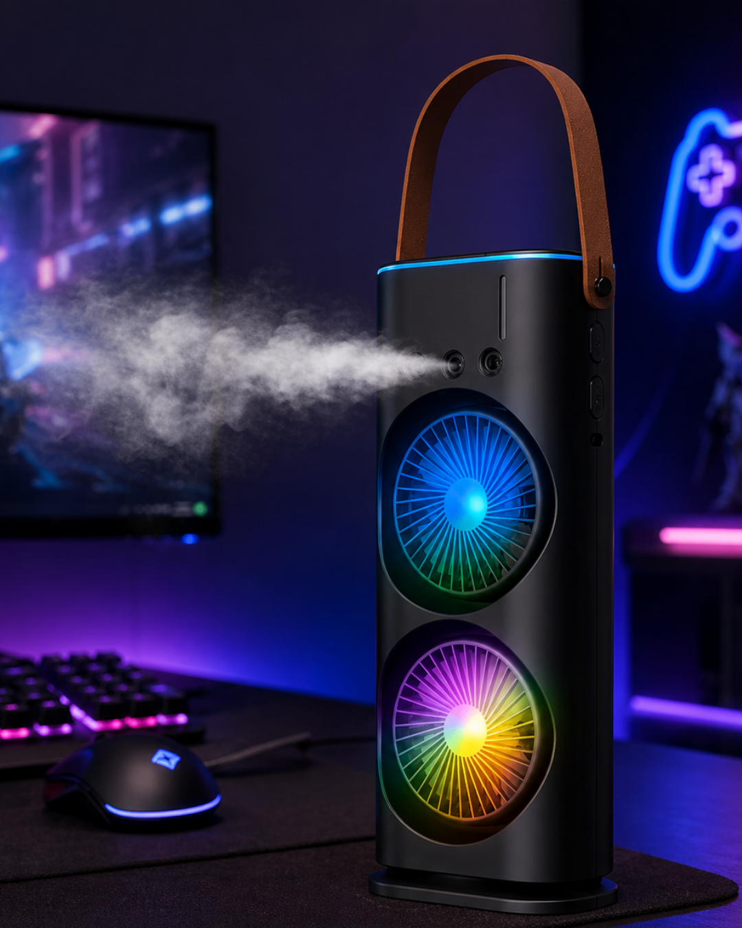 3-108 RGB Işıklı Spreyli Masa Fanı Çift Motorlu Güçlü Üflemeli Taşınabilir Fan - Vipsepet - Görsel 1