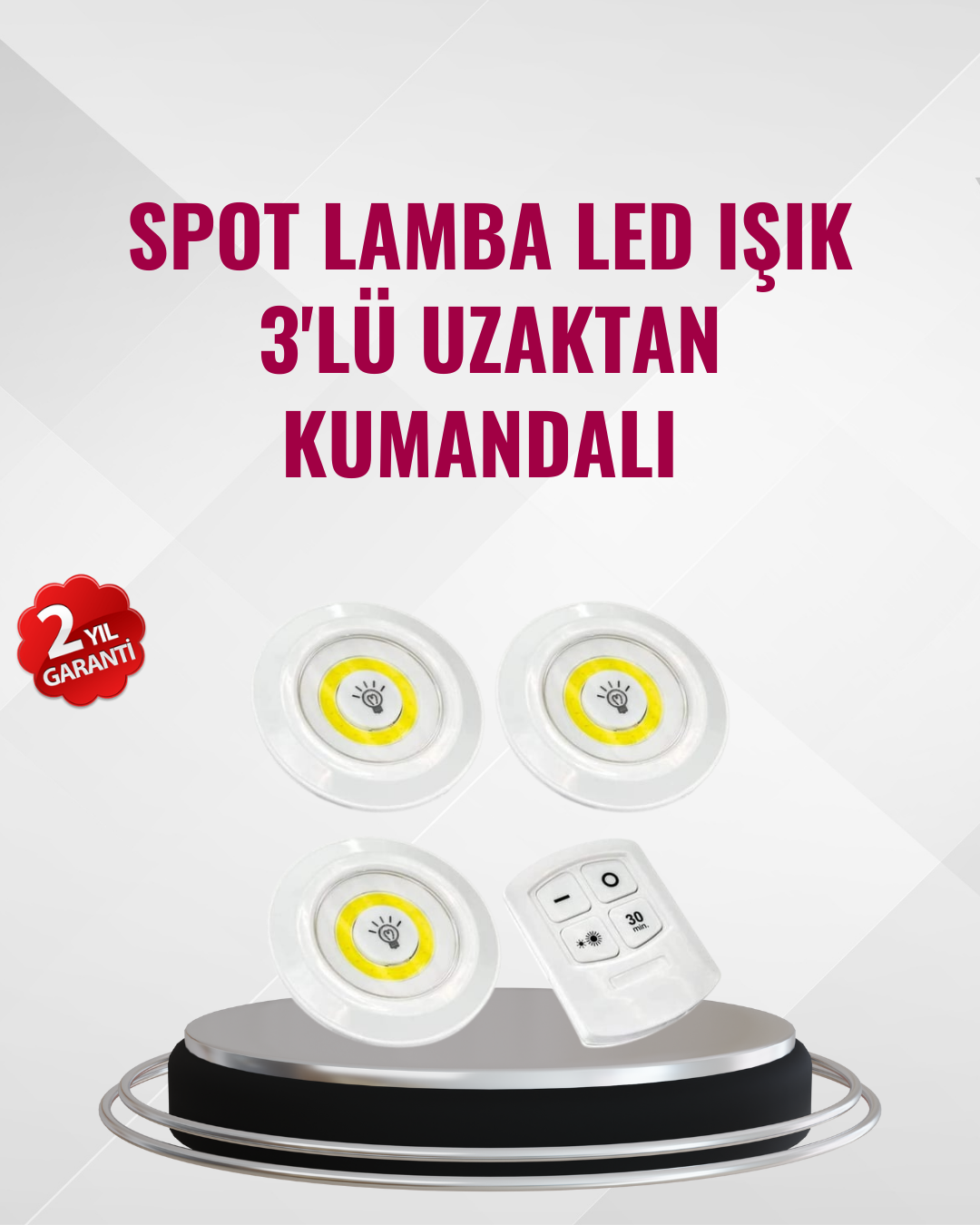 3-124 3 Lü Pilli Kablosuz Led Spot Lamba Seti Kumandalı Kolay Montaj Aydınlatma - Vipsepet - Görsel 1